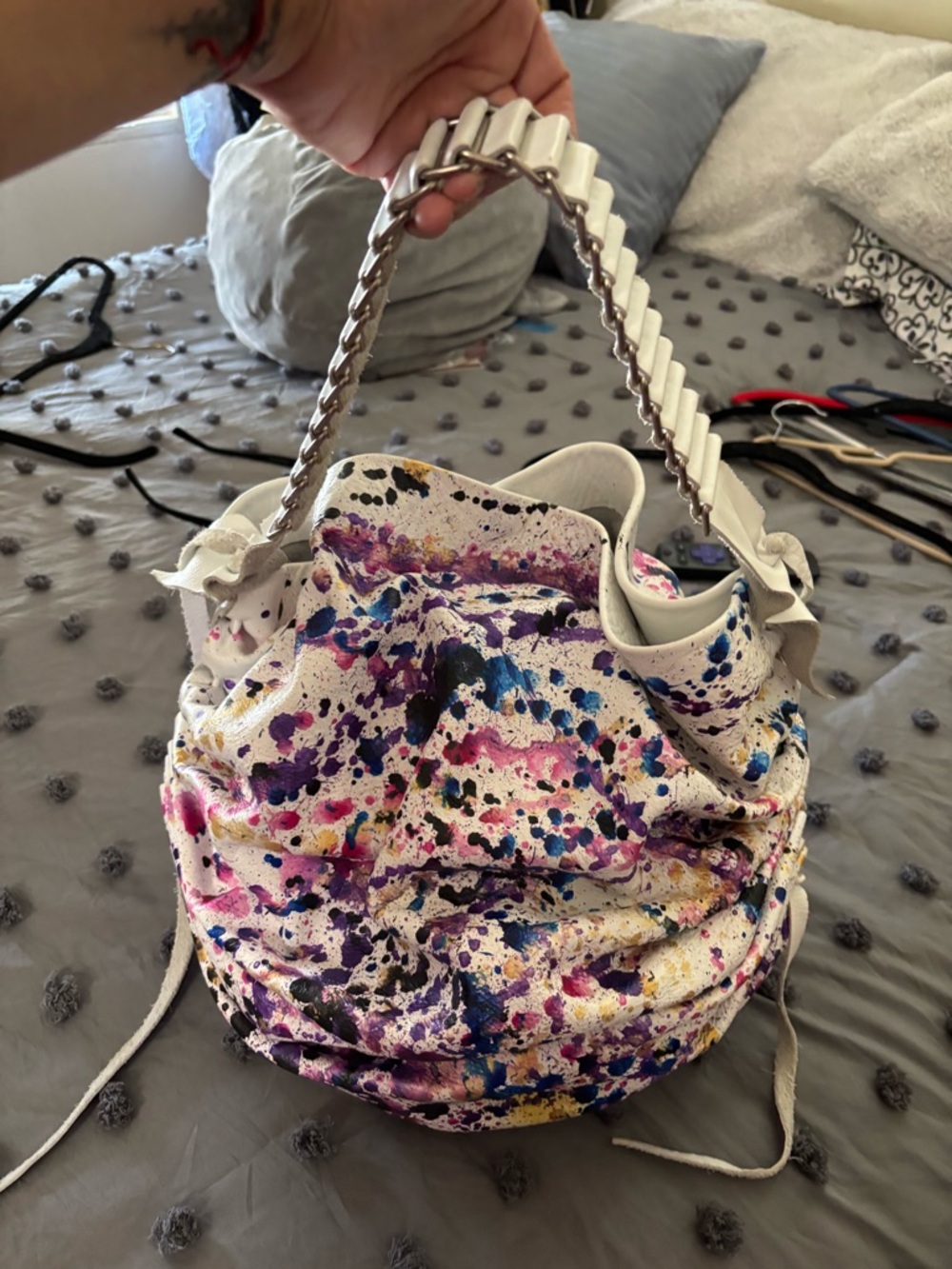 David Galan White Multicolor Paint-Splatter Leather Hobo Bag with Chain Handle